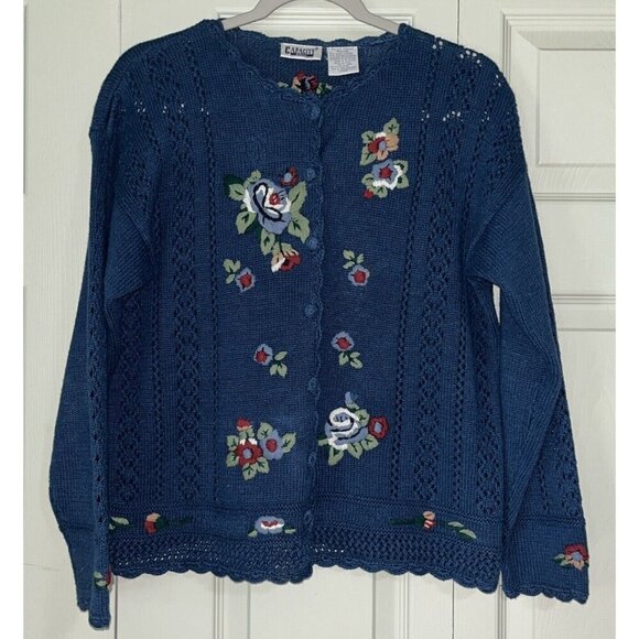 Capacity Sweaters - Capacity Woman Blue Embroidery Floral Rose Button Petite Medium Cardigan Sweater